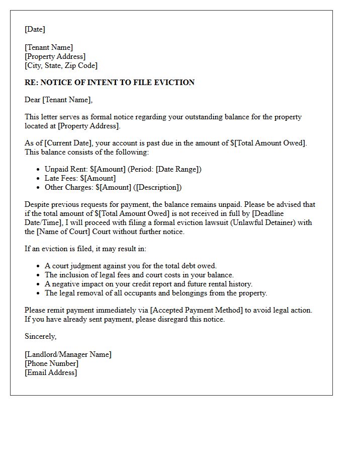 Formal Intent to File Eviction for Outstanding Balance Letter