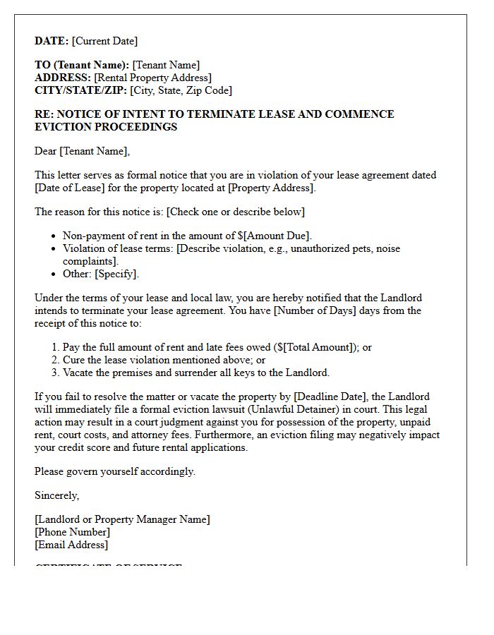 Intent to Terminate Lease and File Eviction Letter