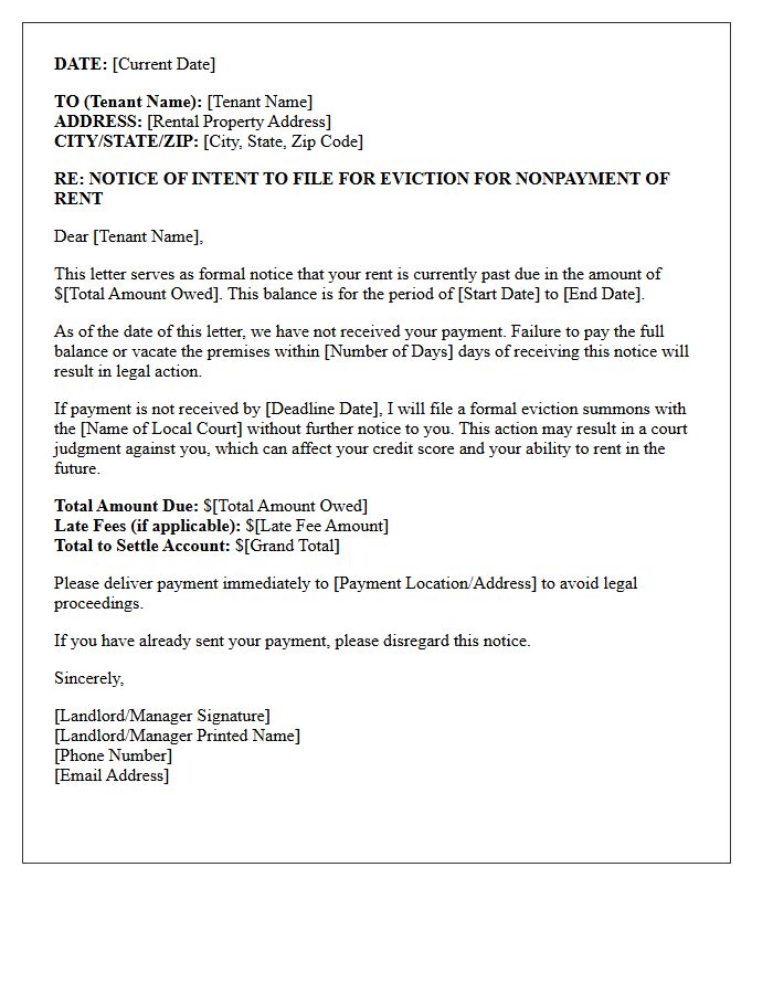 Notice of Intent to File for Eviction Due to Nonpayment Letter