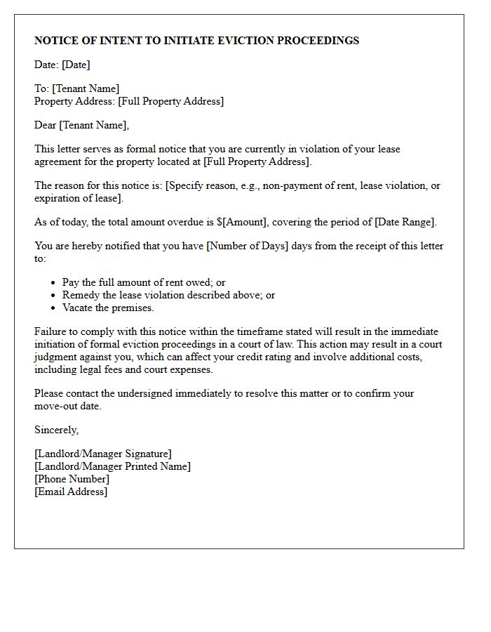 Notice of Intent to Initiate Eviction Proceedings Letter