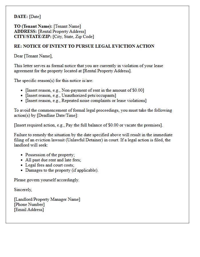Notice of Intent to Pursue Legal Eviction Action Letter
