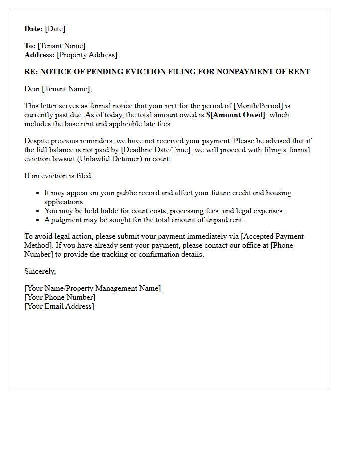 Notice of Pending Eviction Filing for Nonpayment Letter