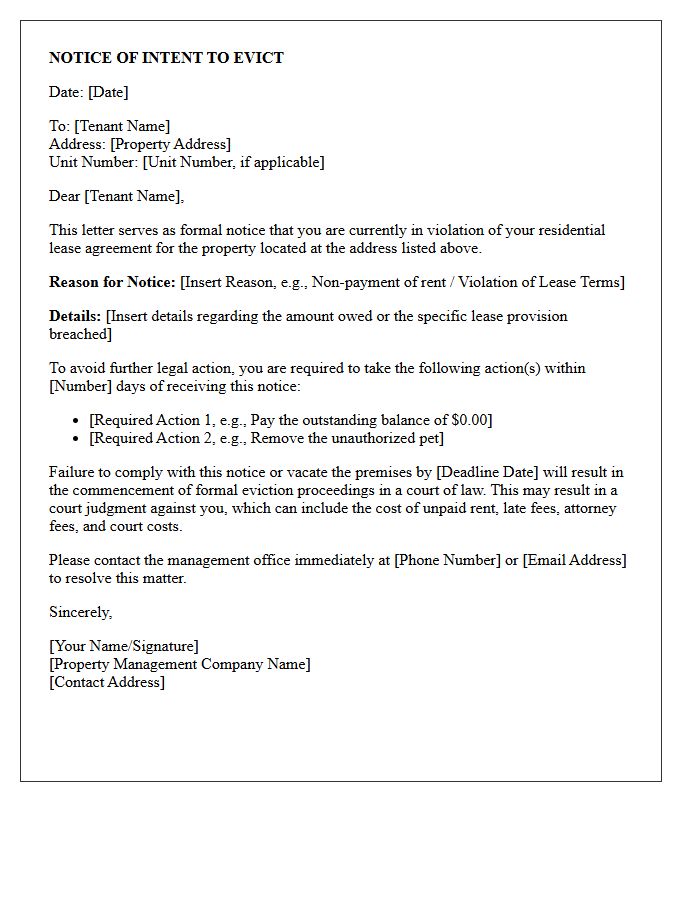 Property Management Notice of Intent to Evict Letter