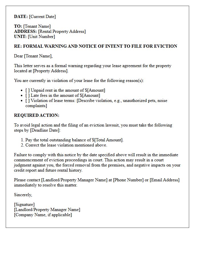 Tenant Warning and Intent to File Eviction Letter
