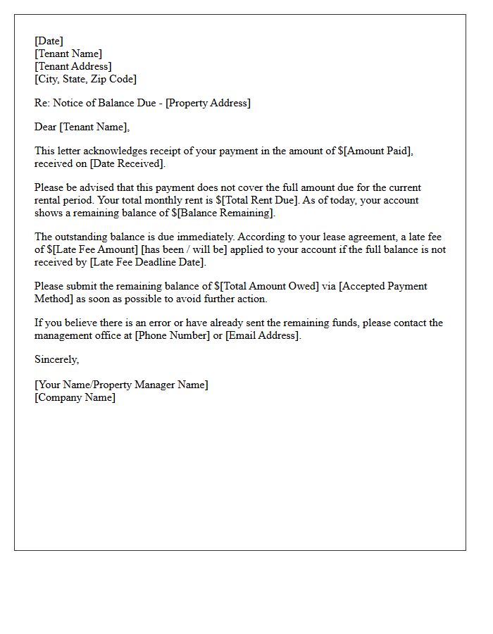 Balance Due After Partial Rent Payment Letter