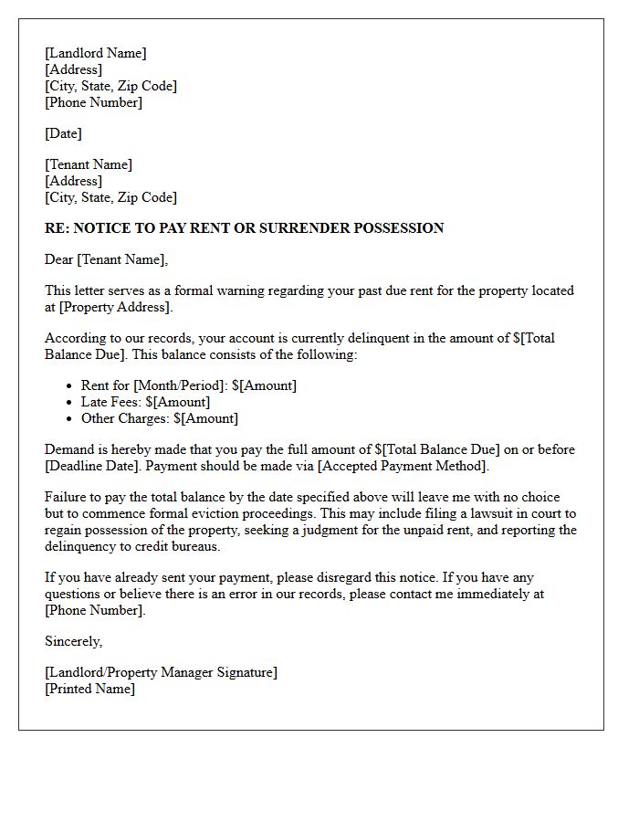 Eviction Warning Letter for Unpaid Rent Balance