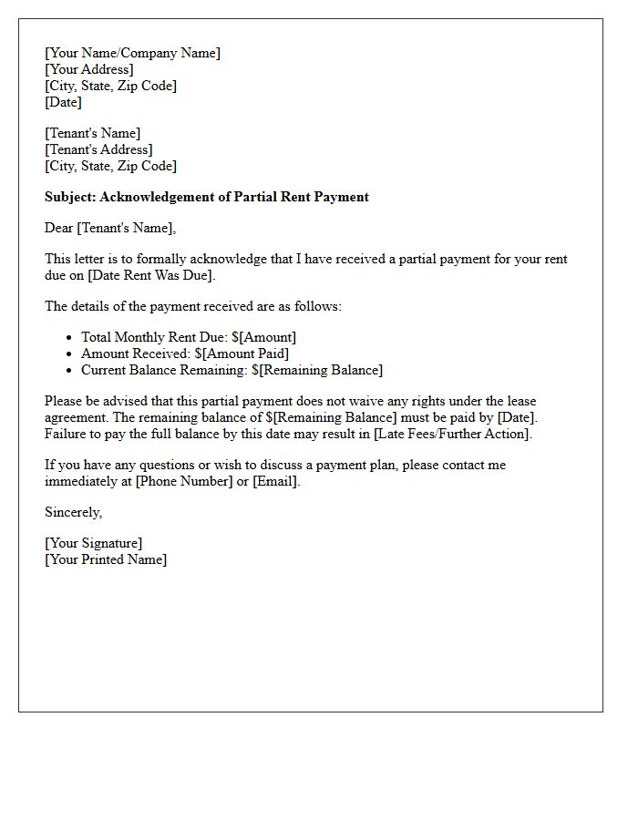 Formal Letter Acknowledging Partial Rent Received
