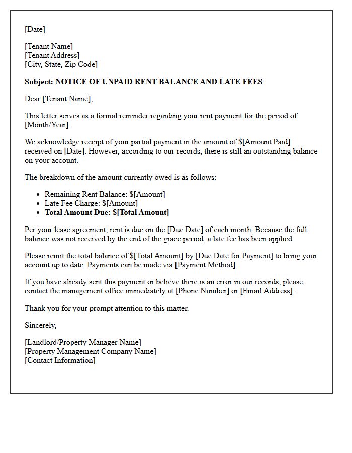 Late Fee and Partial Rent Payment Reminder Letter