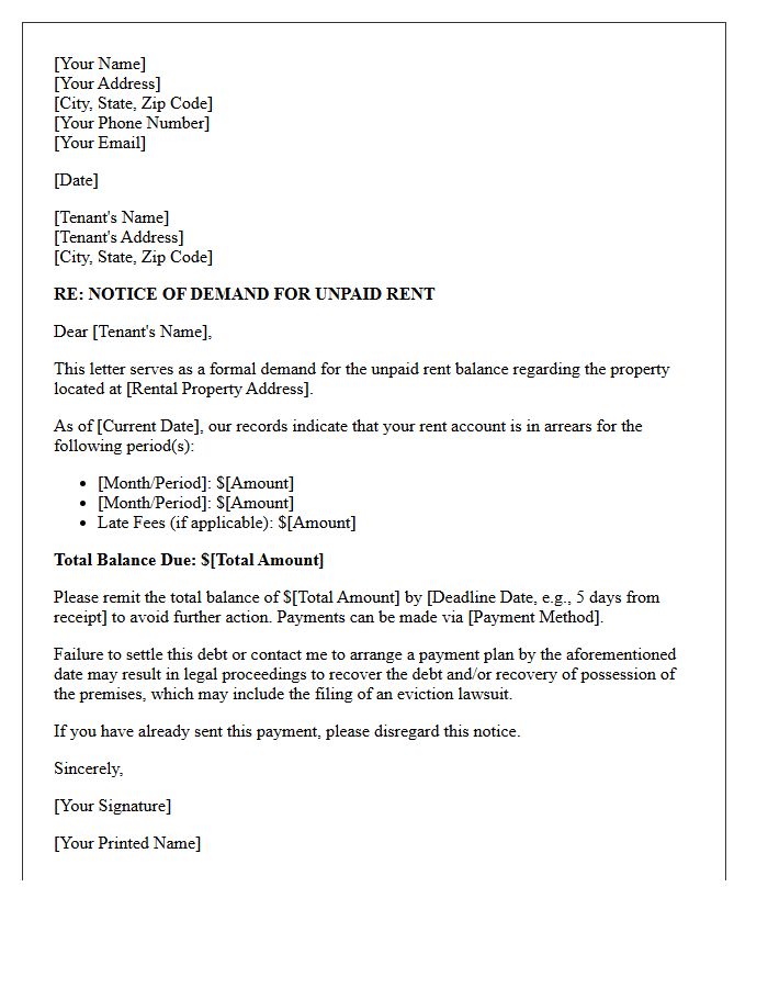 Letter of Demand for Unpaid Rent Balance