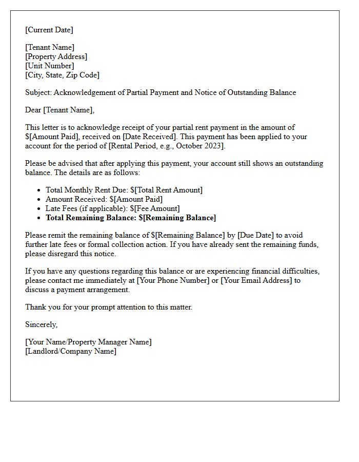 Letter of Outstanding Rent Balance and Partial Payment Acknowledgement