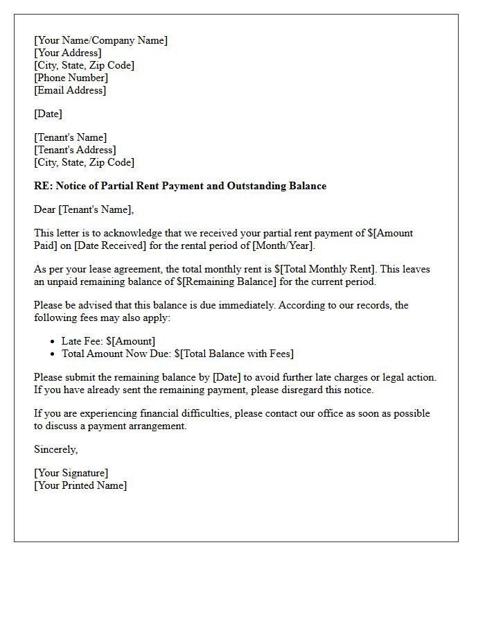 Partial Rent Payment and Remaining Balance Notice Letter