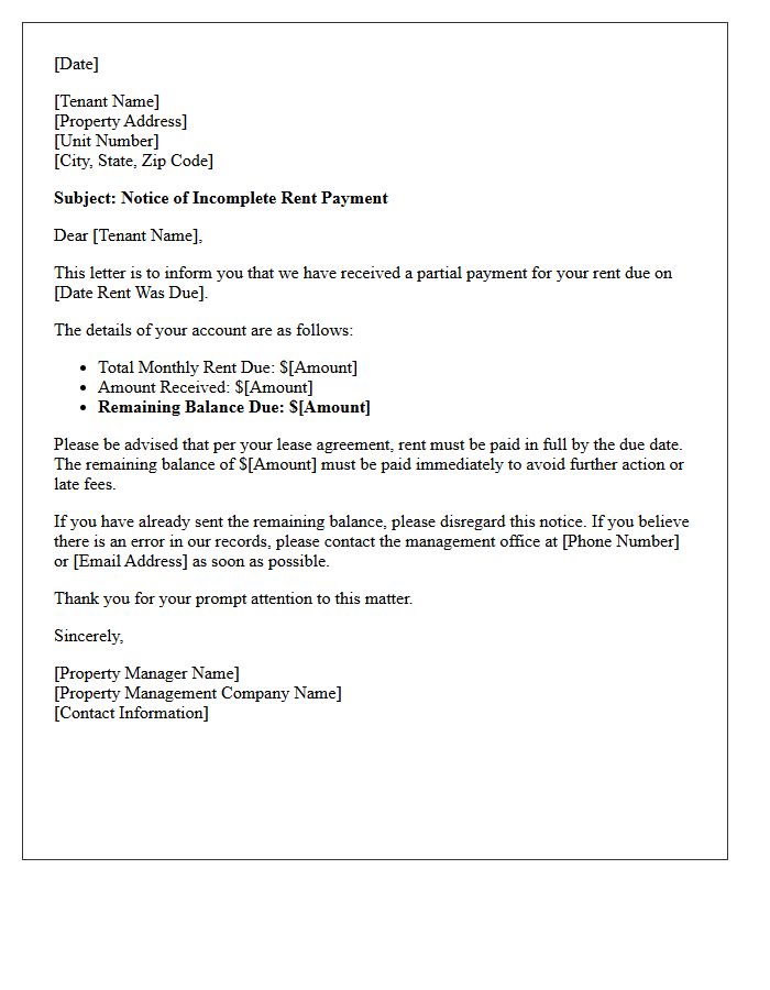 Property Management Letter for Incomplete Rent Payment