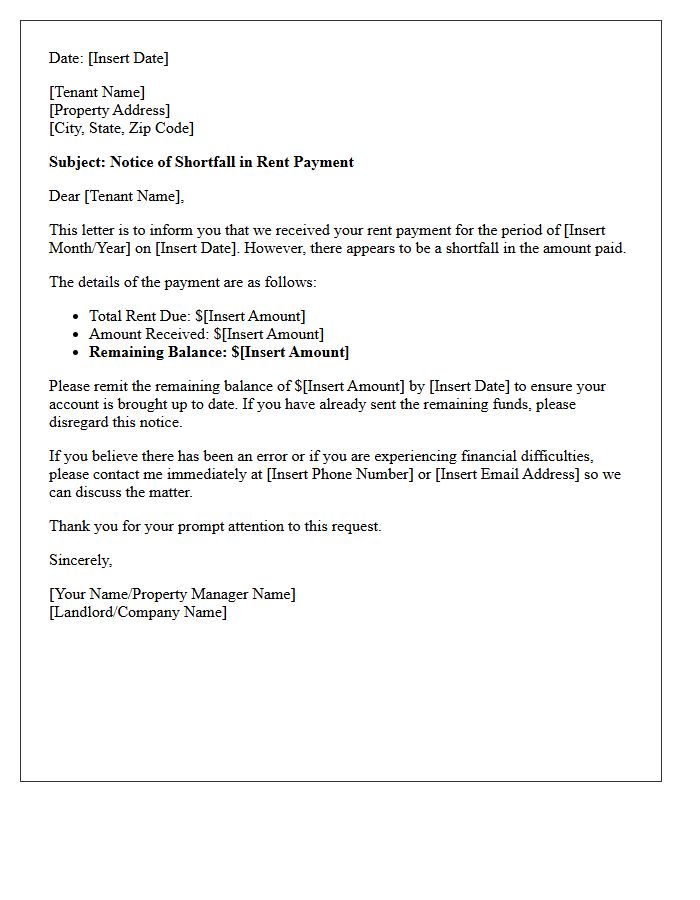 Tenant Letter Regarding Shortfall in Rent Payment