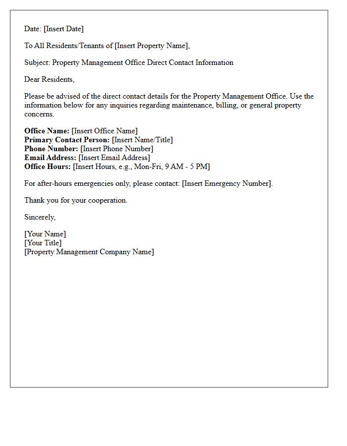 Property Management Office Direct Contact Information