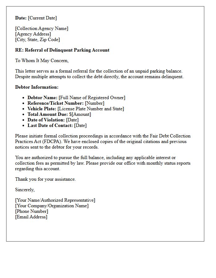 Collection Agency Referral Letter for Unpaid Parking Balance