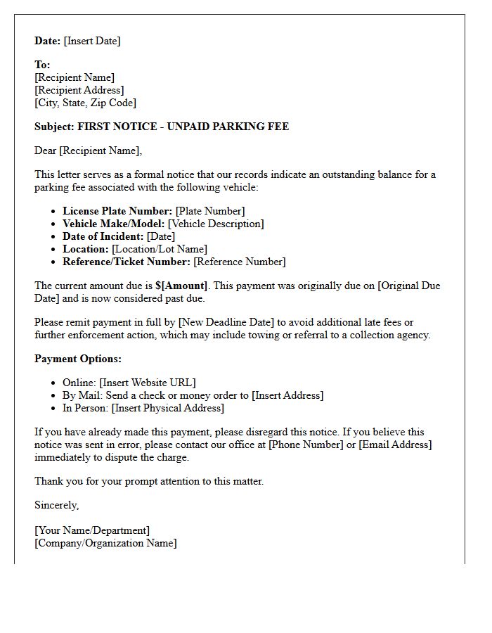 First Notice of Late Parking Fee Letter