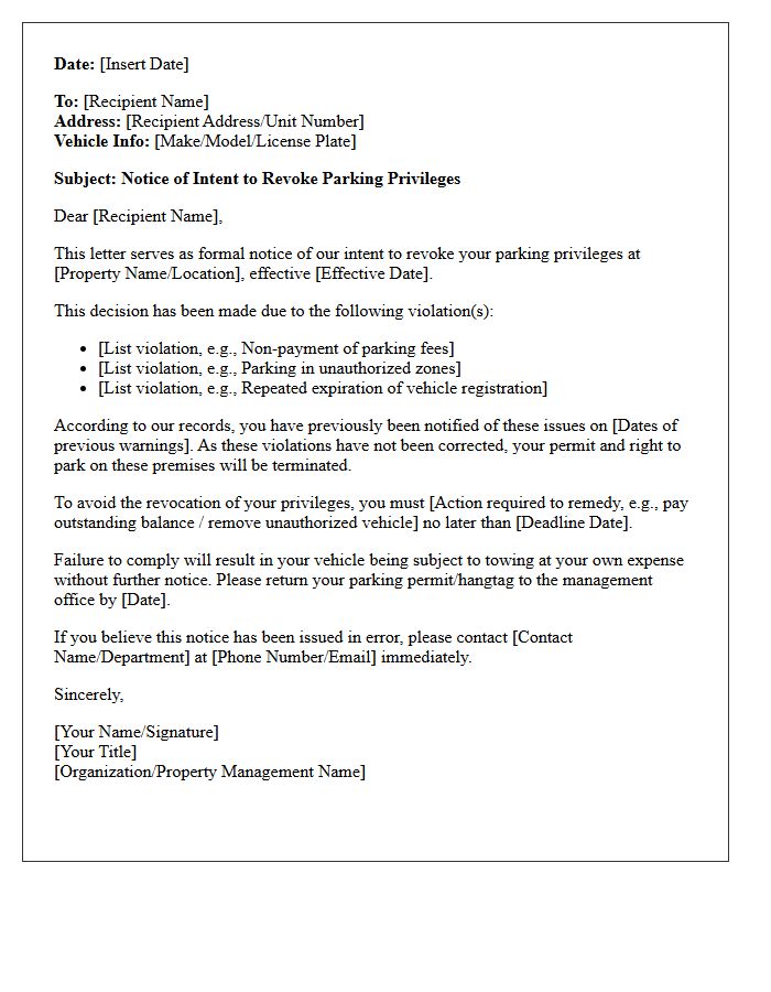 Intent to Revoke Parking Privileges Letter
