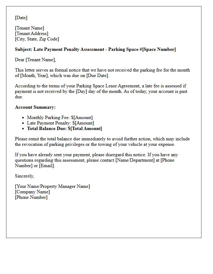 Late Payment Penalty Assessment Letter for Parking Space