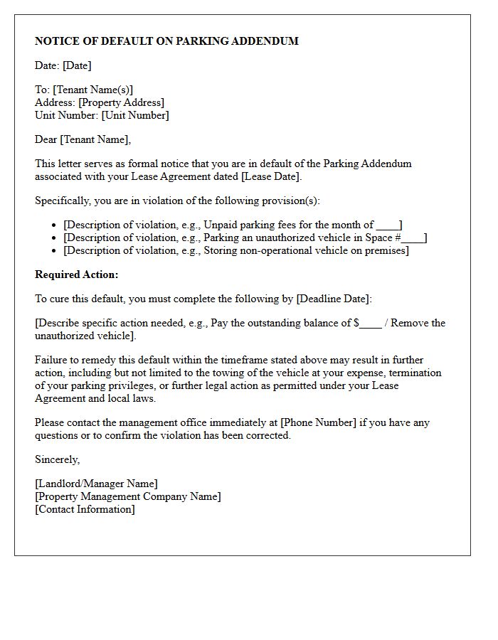 Notice of Default on Parking Addendum Letter