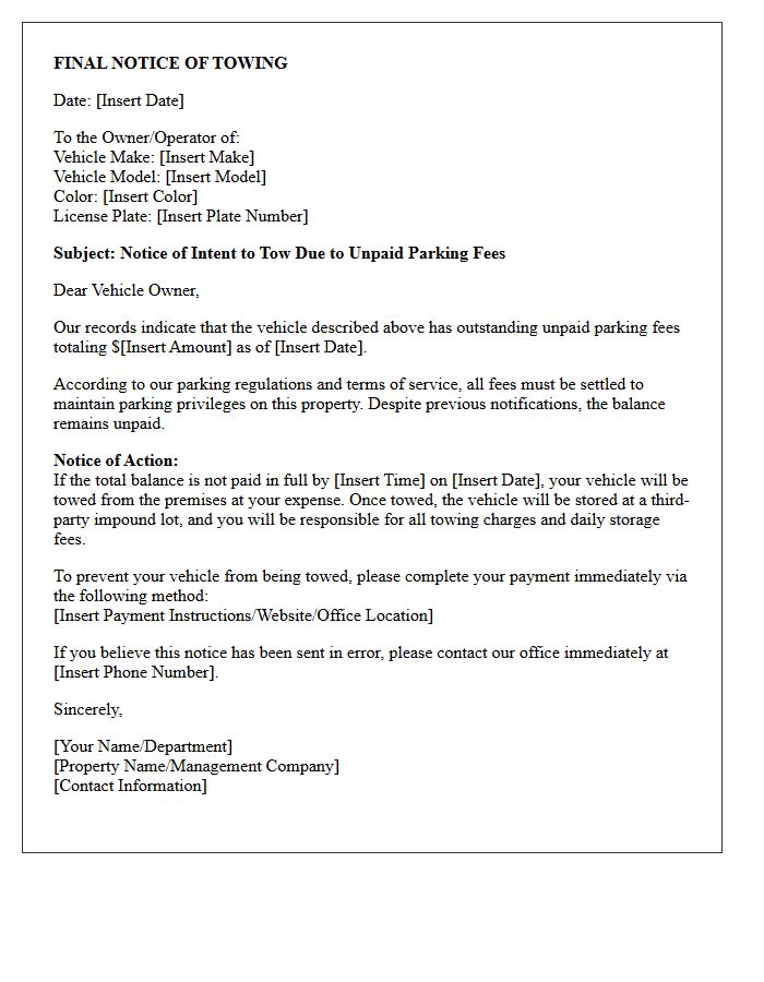 Notice of Towing Due to Unpaid Parking Fees Letter