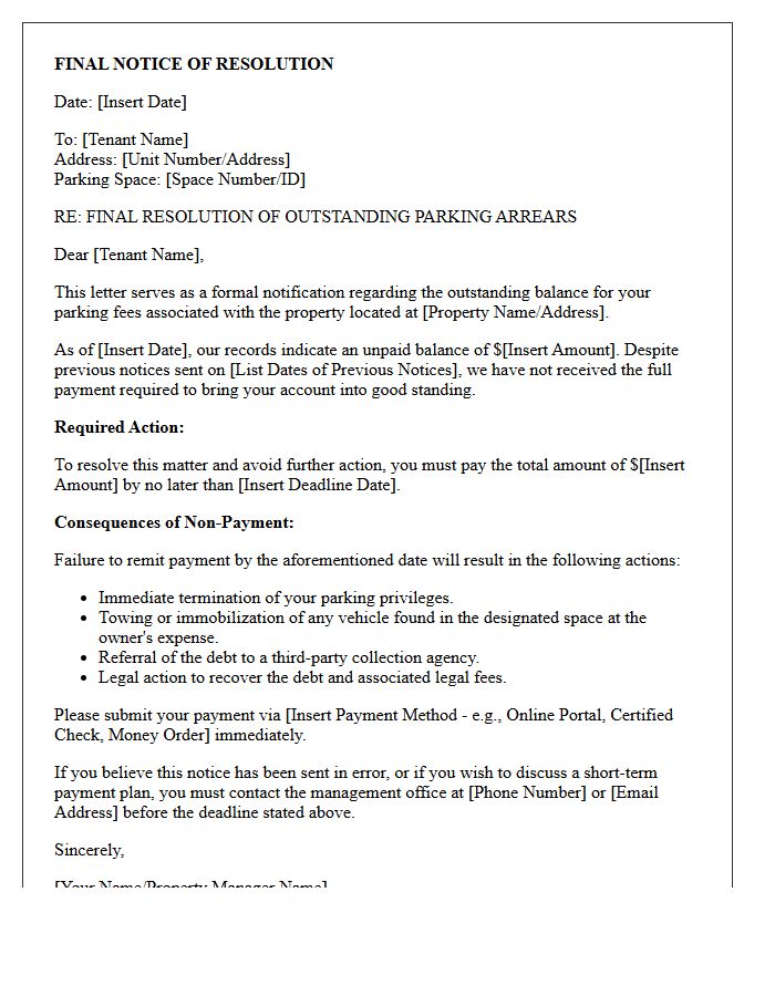Property Management Final Resolution Letter for Parking Arrears