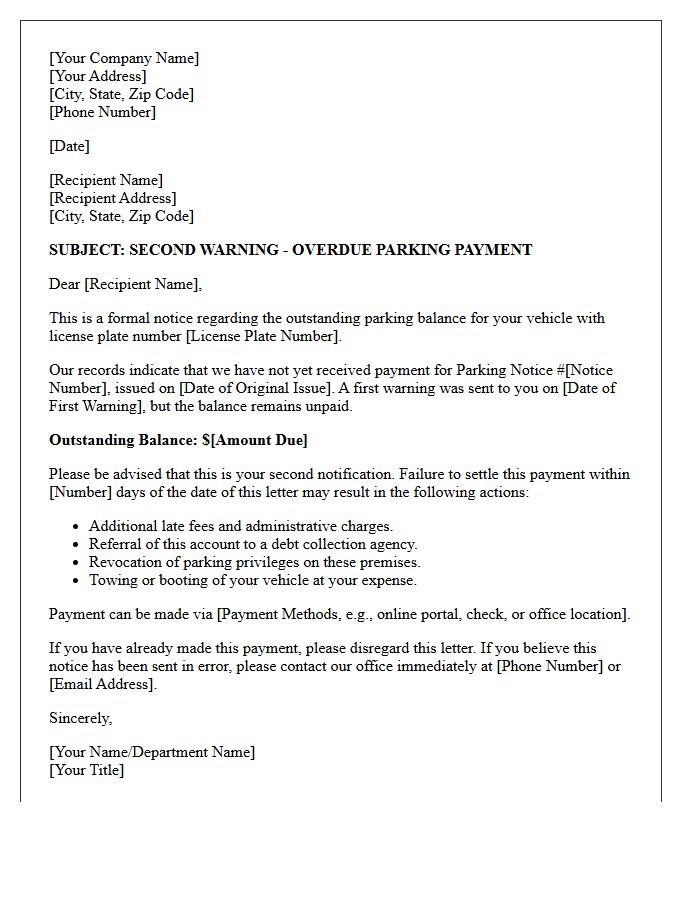 Second Warning Letter for Overdue Parking Payment