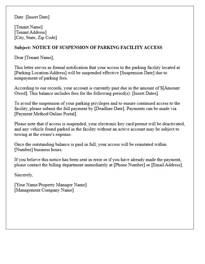 Suspension of Parking Facility Access Due to Nonpayment Letter