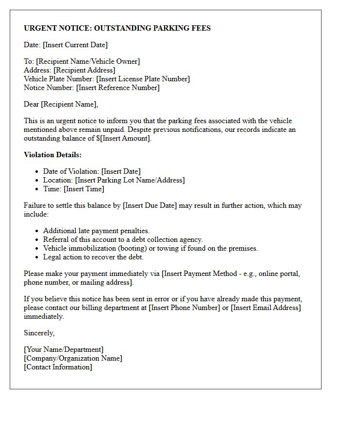 Urgent Notice Letter Regarding Unpaid Parking Fees