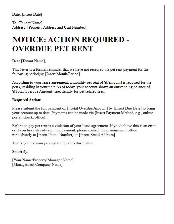 Action Required Letter for Overdue Pet Rent Payment