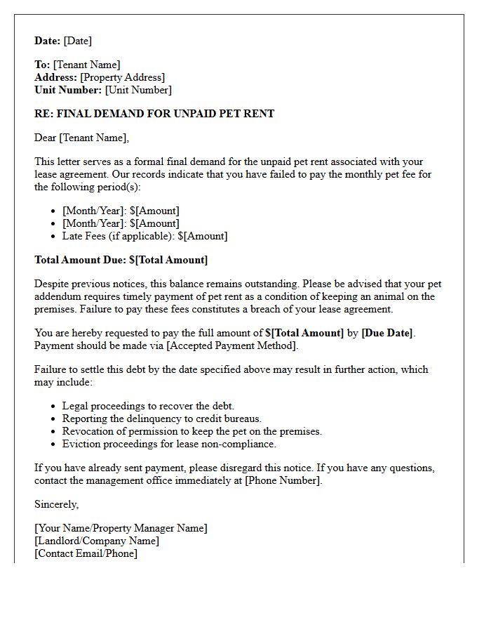 Final Demand Letter for Late Pet Rent Payment
