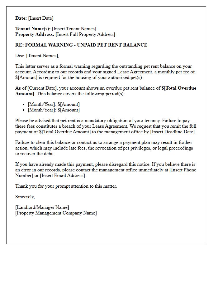 Formal Warning Letter for Unpaid Pet Rent Balance