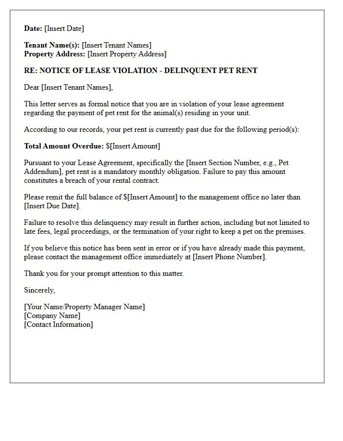 Lease Violation Letter for Delinquent Pet Rent