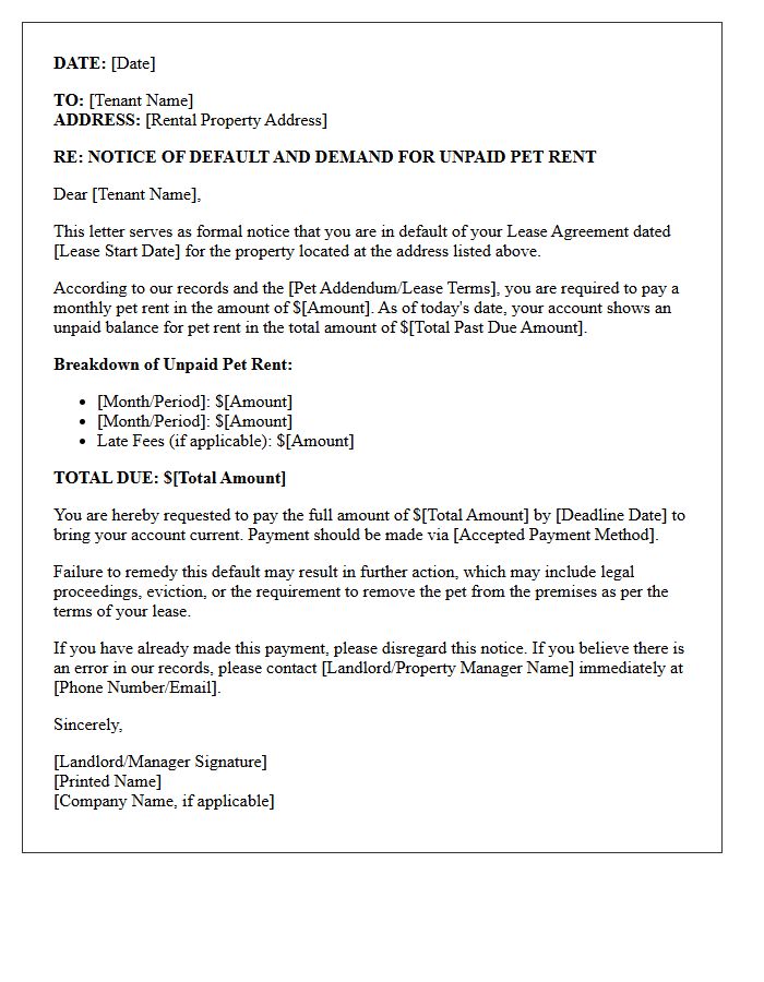Letter of Default for Unpaid Pet Rent