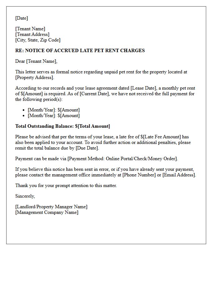 Notice Letter of Accrued Late Pet Rent Charges