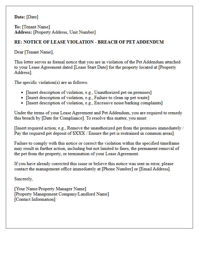Notice Letter Regarding Breach of Pet Addendum