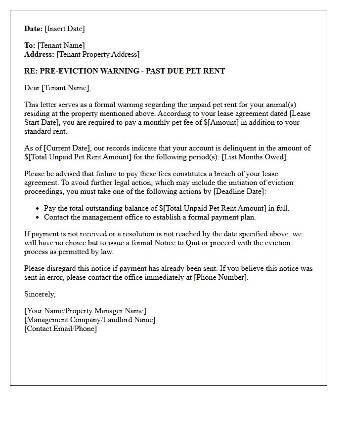 Pre-Eviction Warning Letter for Delinquent Pet Rent
