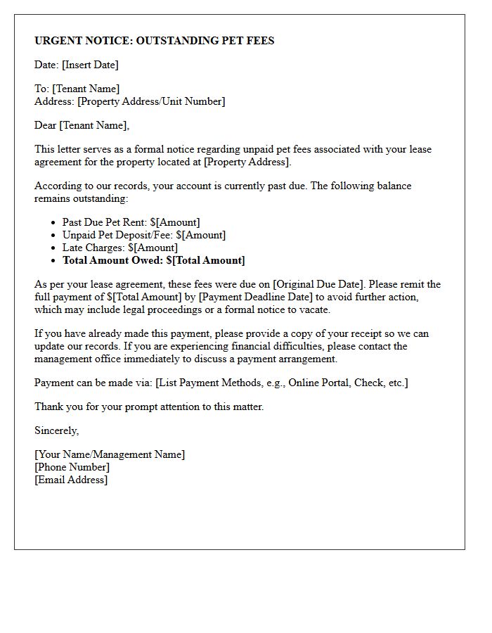 Urgent Notice Letter of Outstanding Pet Fees