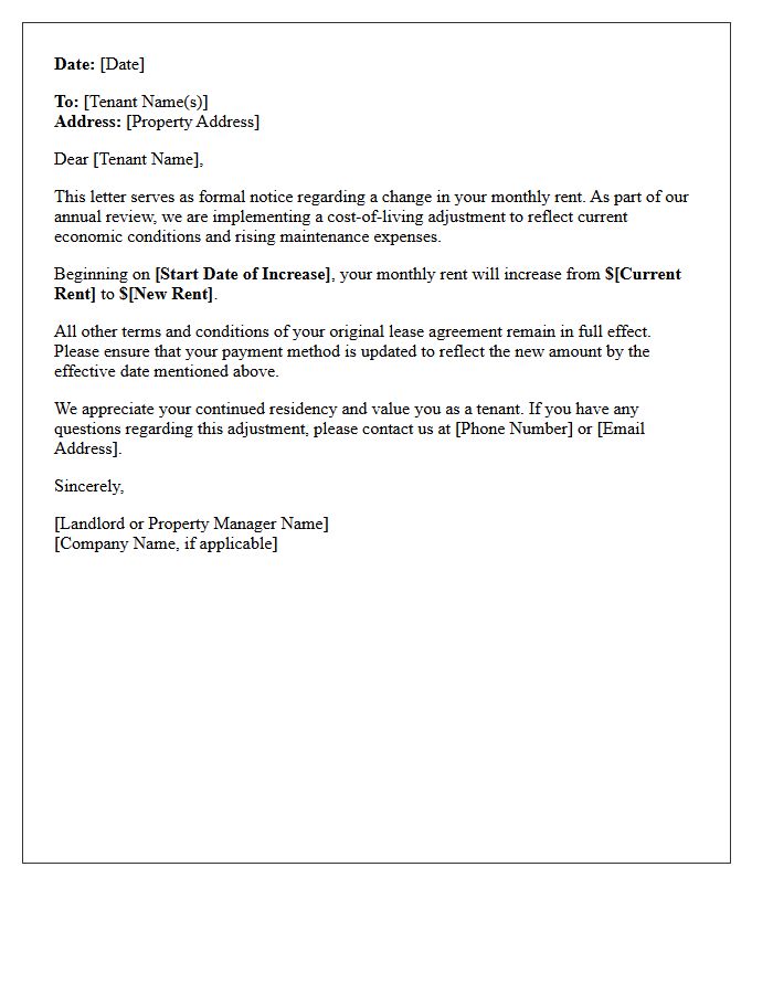 Annual Cost of Living Rent Increase Letter