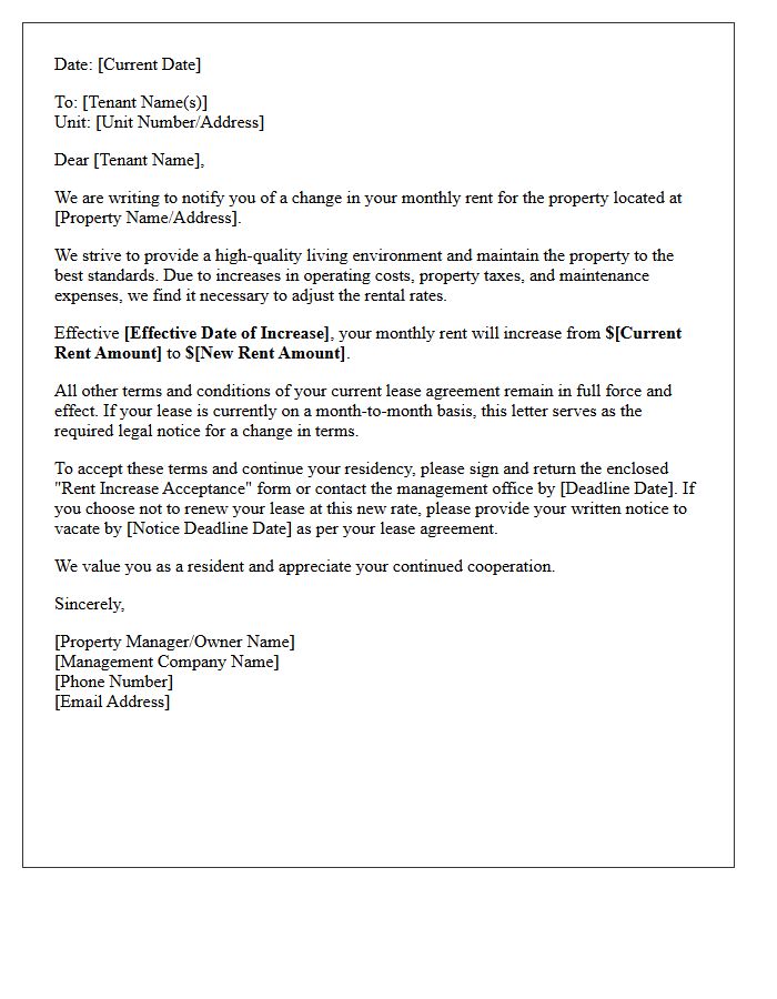 Multi-Family Property Rent Increase Announcement Letter