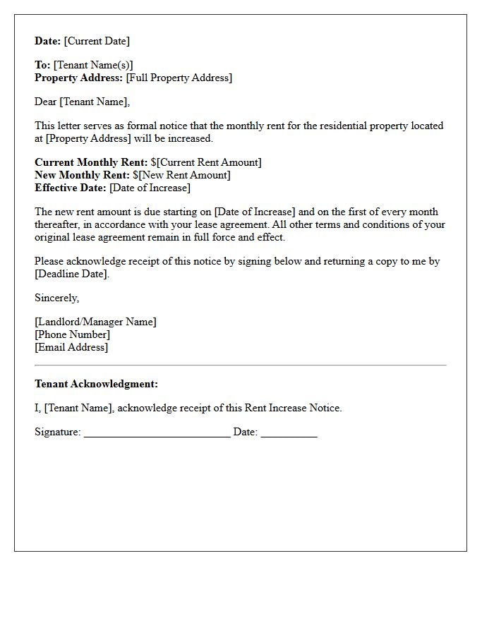 Standard Residential Rent Increase Notice Letter