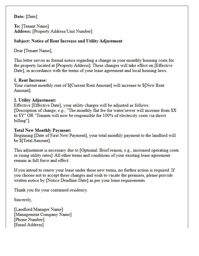 Utility Adjustment and Rent Increase Notice Letter