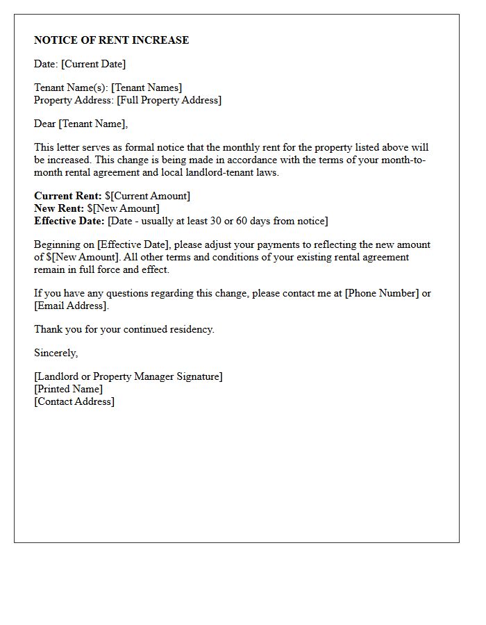 Formal Rent Increase Notice Letter for Month-to-Month Tenants