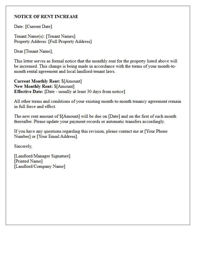 Month-to-Month Tenancy Rent Revision Notice Letter