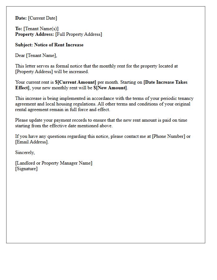 Notice of Rent Increase Letter for Periodic Tenancy