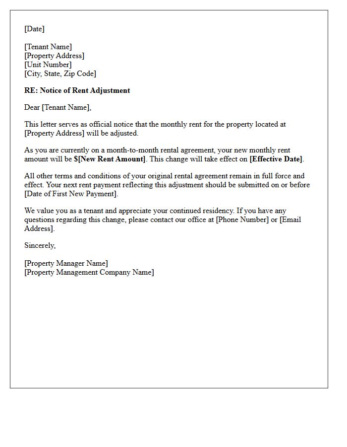 Property Management Month-to-Month Rent Adjustment Letter