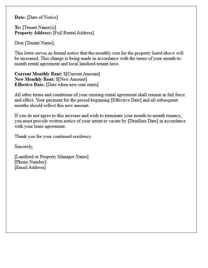 Standard Month-to-Month Rent Increase Notice Letter