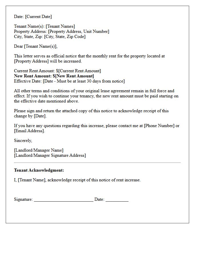Thirty-Day Notice of Rent Increase Letter