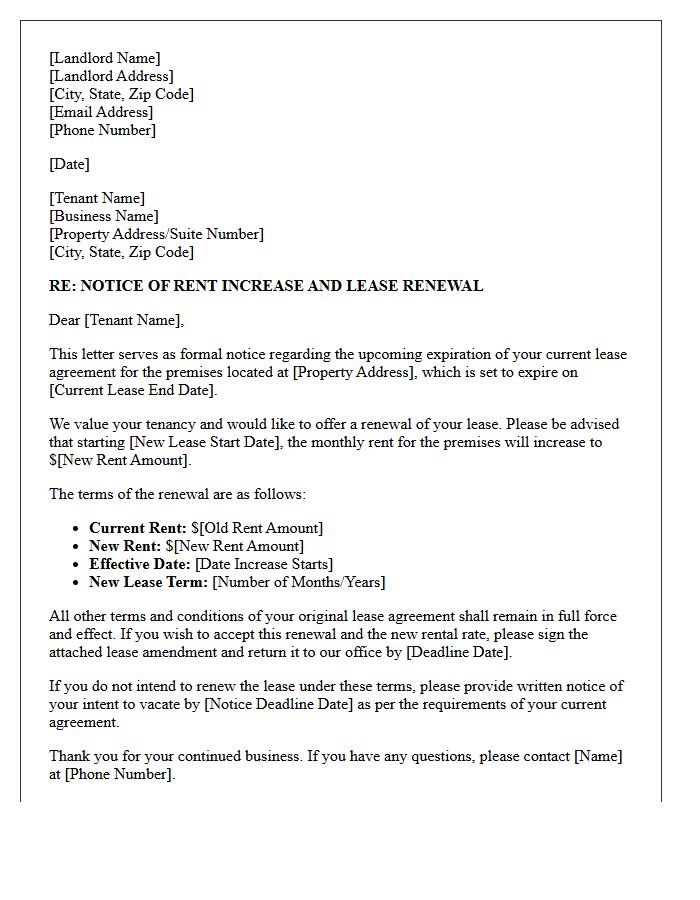 Commercial Lease Renewal Rent Increase Notice Letter