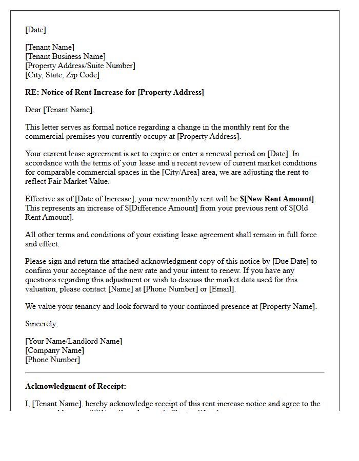 Fair Market Value Commercial Rent Increase Notice Letter