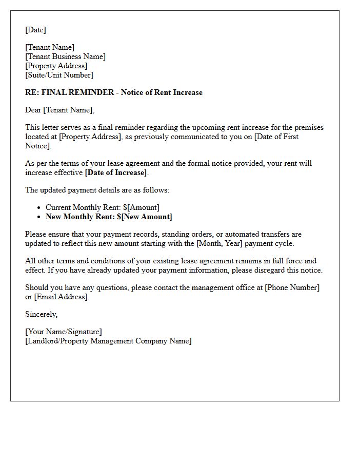 Final Reminder Commercial Rent Increase Notice Letter